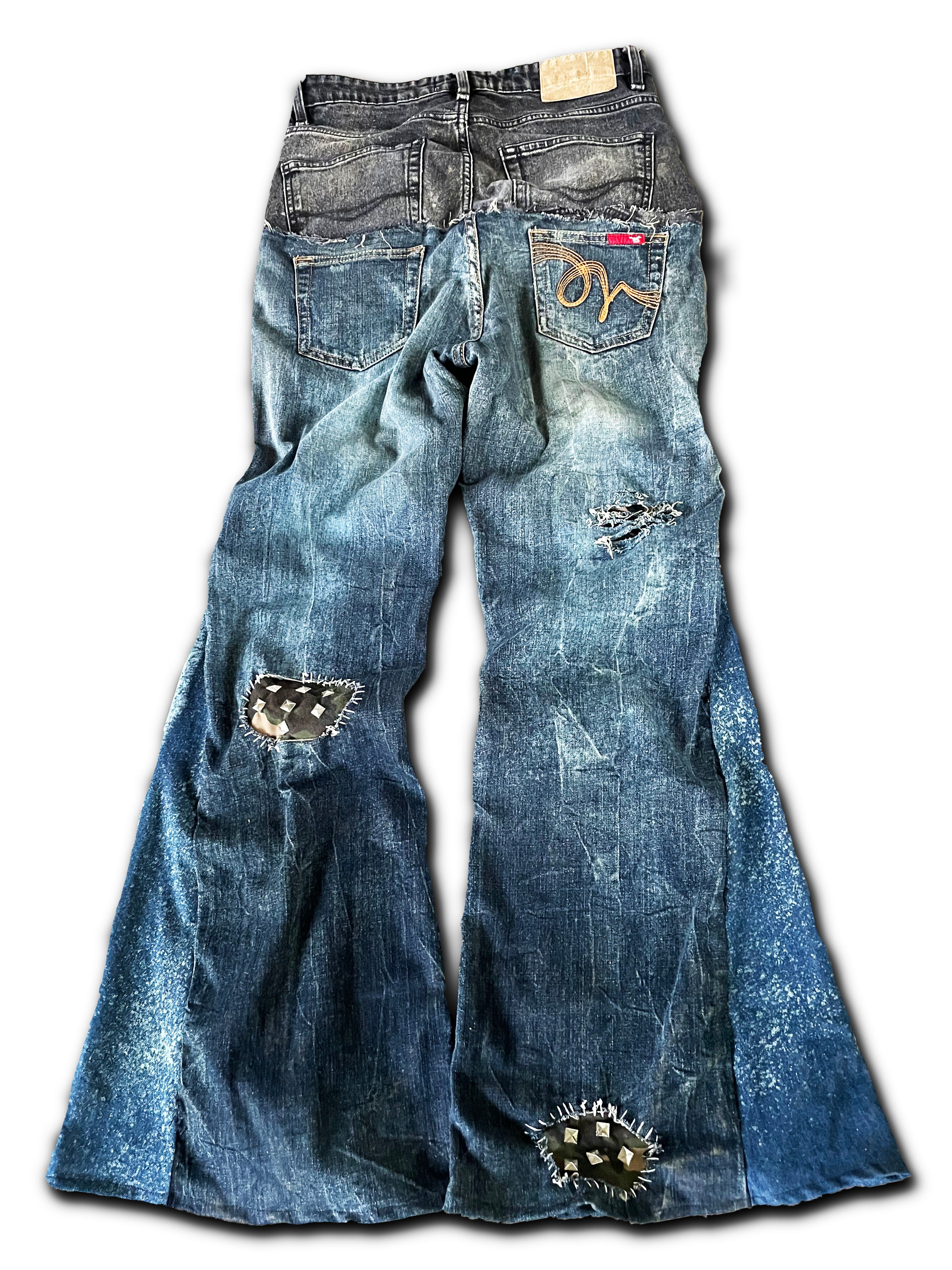 double-waisted flared jeans