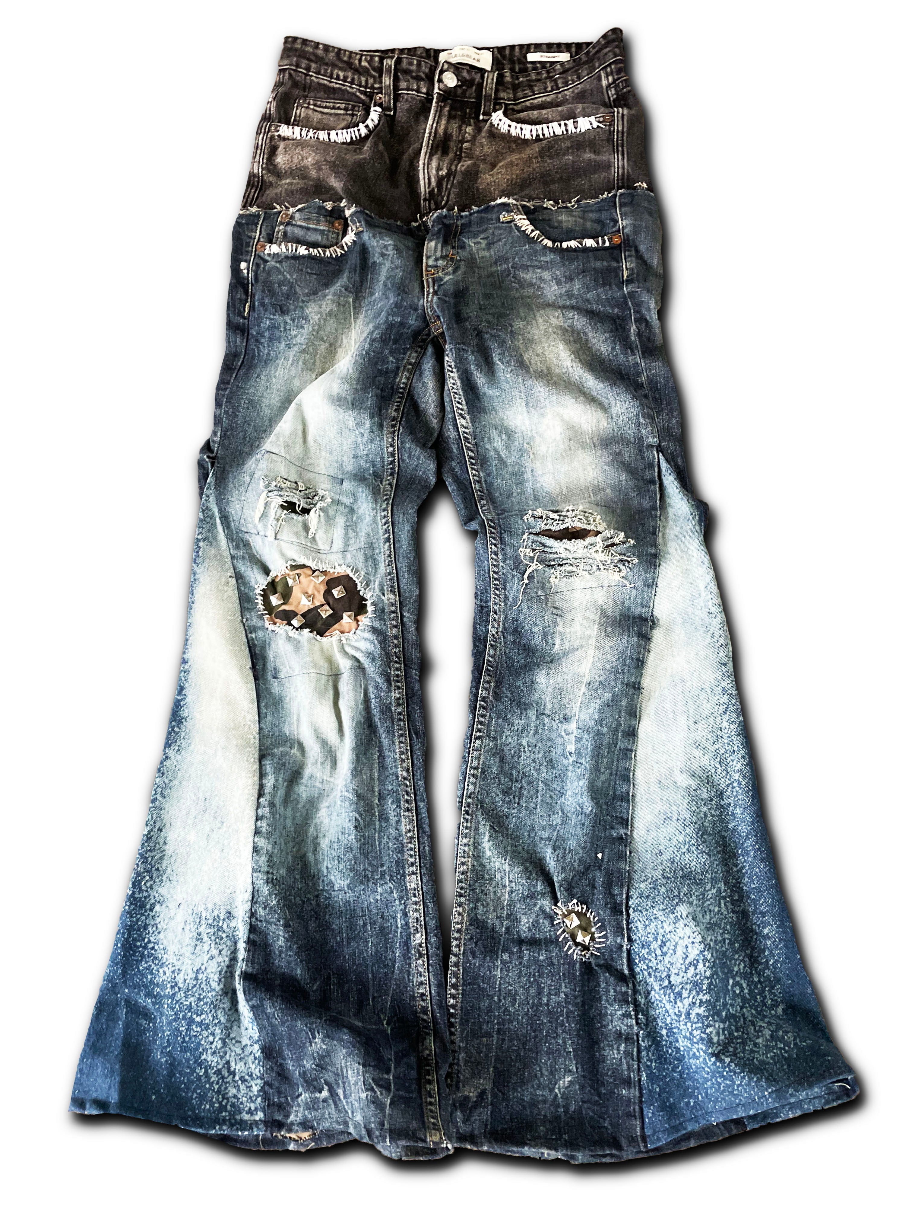 double-waisted flared jeans